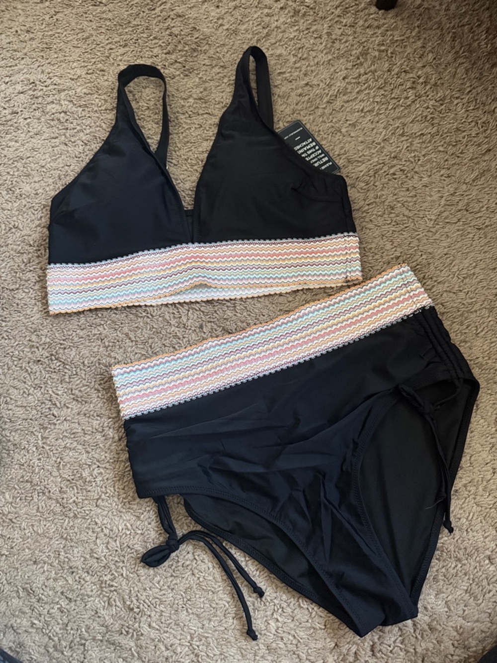 Black Two-Piece Bikini Set with Multicolor Zigzag Trim